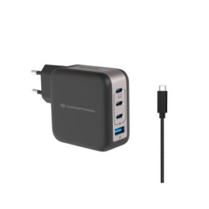 CARGADOR USB-C CONCEPTRONIC 100W 3xUSB-C 1xUSB-A QUICKCHARGE 3.0 GaN PPS INCLUYE CABLE NEGRO