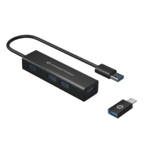 HUB USB 3.0 CONCEPTRONIC HUBBIES06B 4 PUERTOS USB 3.0 CON ADAPTADOR USB-C COLOR NEGRO CARCASA DE ALUMINIO