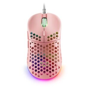 MOUSE MARS GAMING RGB MM55P DISE¾O HIVE PINK 12800dpi A825PRO SWITCH HUANO SUPERFICIE PERFORADA ILUMINACION RGB CHROMA PESO 55g CABLE PARACORD