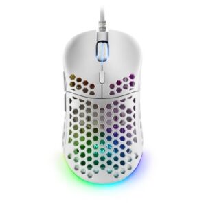 MOUSE MARS GAMING RGB MM55W DISE¾O HIVE WHITE 12800dpi A825PRO SWITCH HUANO SUPERFICIE PERFORADA ILUMINACION RGB CHROMA PESO 55g CABLE PARACORD