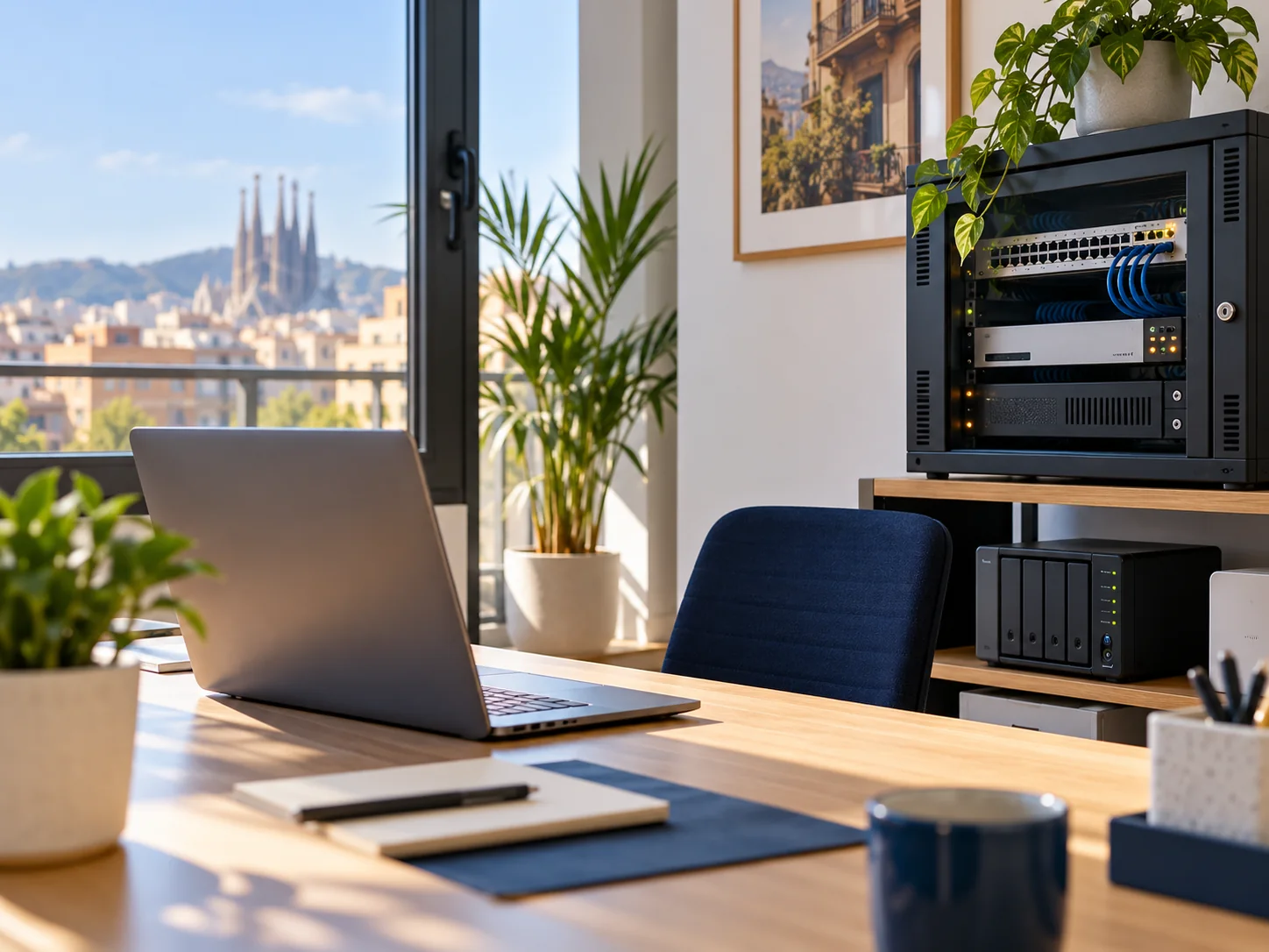 Equipamiento de red y sistemas informáticos en una oficina de empresa