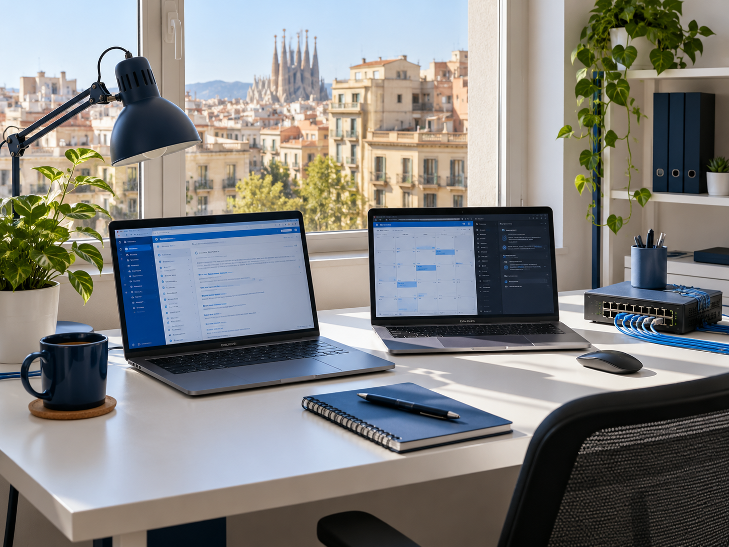 Herramientas digitales y equipos de red en un puesto de trabajo sin personas